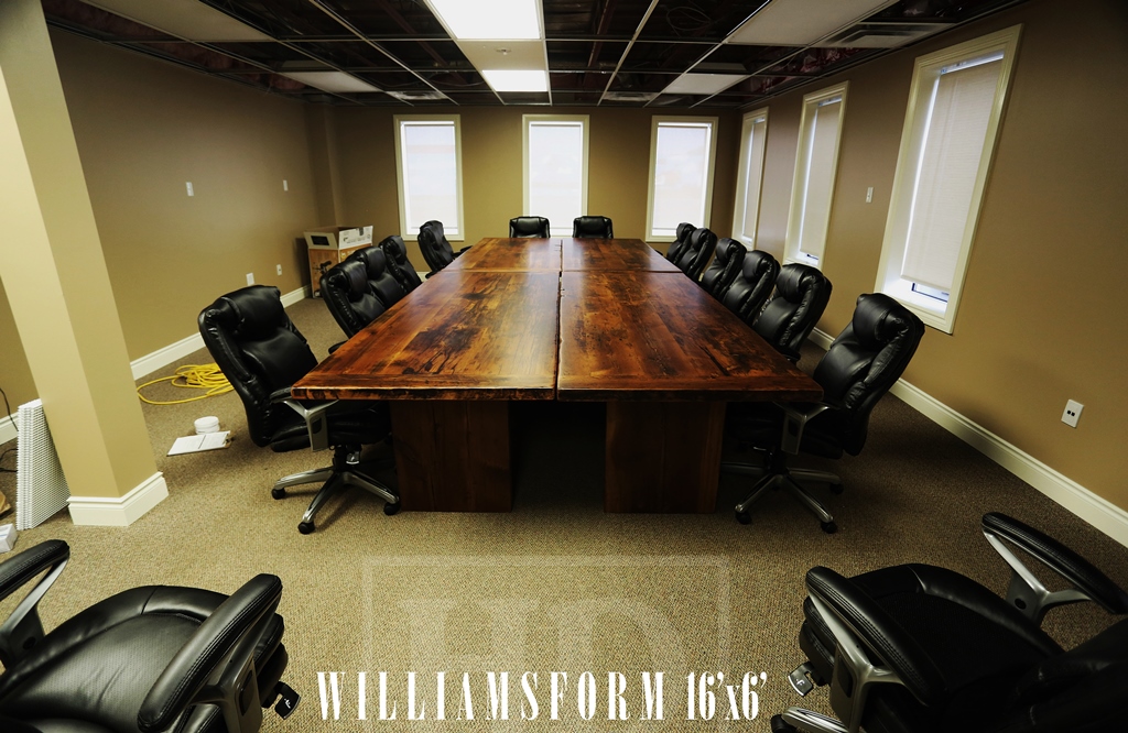 Specifications: 16 ft Boardroom Table - 3" Plank Post Style Base - Made up of 8' x 36" Sections that can be re-configured - Reclaimed Hemlock Threshing Floor 2" top - Premium epoxy/matte polyurethane finish Gerald Reinink