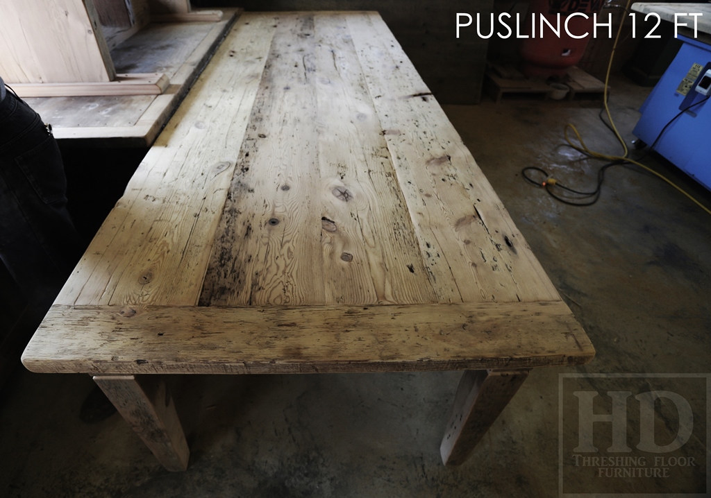 Details: 10 ft Reclaimed Wood Table - Harvest Style Base - Reclaimed Hemlock 2" thick top - Premium epoxy/matte polyurethane finish - Black stain skirting + legs - Tapered with a Notch Legs HD Threshing Floor Furniture Gerald Reinink
