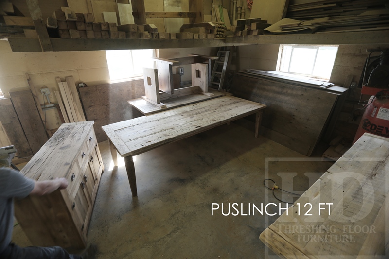 Details: 10 ft Reclaimed Wood Table - Harvest Style Base - Reclaimed Hemlock 2" thick top - Premium epoxy/matte polyurethane finish - Black stain skirting + legs - Tapered with a Notch Legs HD Threshing Floor Furniture Gerald Reinink