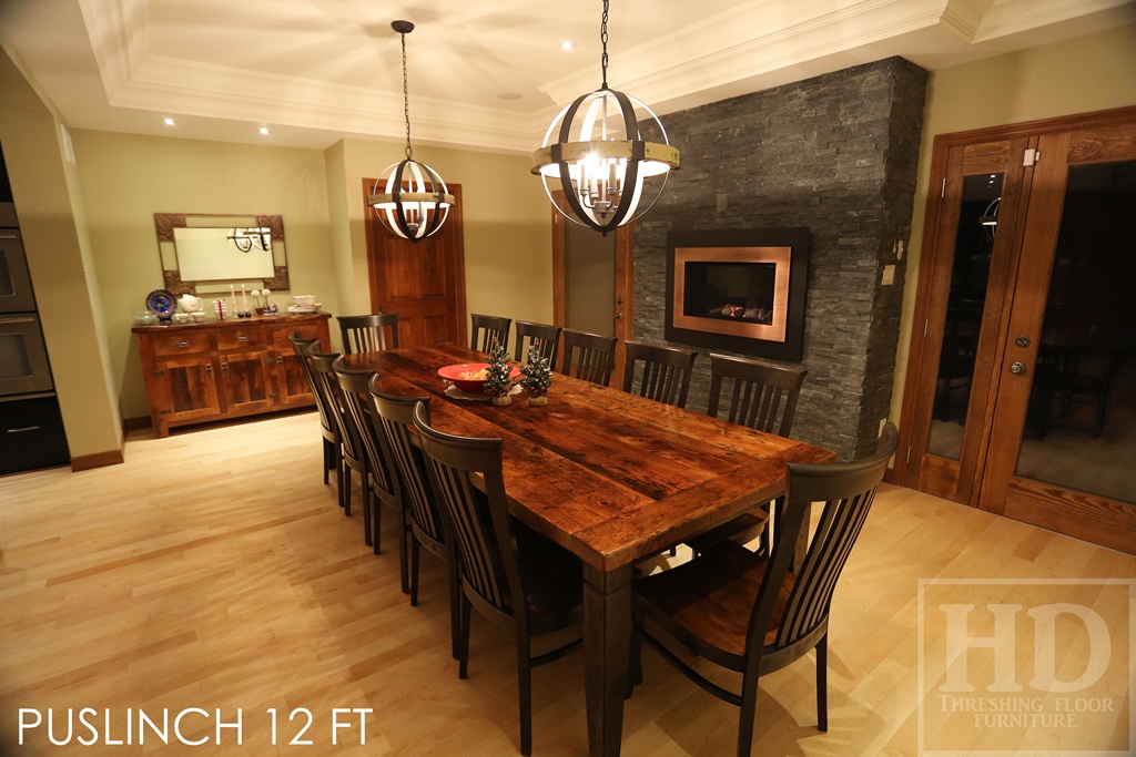 Details: 10 ft Reclaimed Wood Table - Harvest Style Base - Reclaimed Hemlock 2" thick top - Premium epoxy/matte polyurethane finish - Black stain skirting + legs - Tapered with a Notch Legs HD Threshing Floor Furniture Gerald Reinink