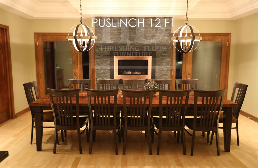 Details: 10 ft Reclaimed Wood Table - Harvest Style Base - Reclaimed Hemlock 2" thick top - Premium epoxy/matte polyurethane finish - Black stain skirting + legs - Tapered with a Notch Legs HD Threshing Floor Furniture Gerald Reinink