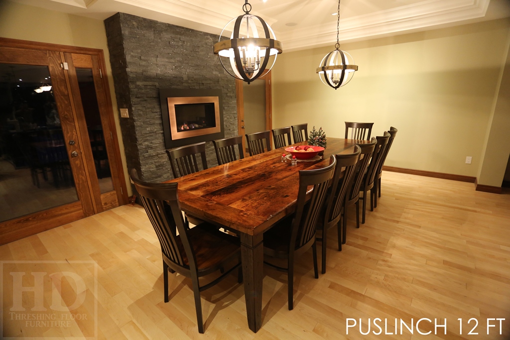 Details: 10 ft Reclaimed Wood Table - Harvest Style Base - Reclaimed Hemlock 2" thick top - Premium epoxy/matte polyurethane finish - Black stain skirting + legs - Tapered with a Notch Legs HD Threshing Floor Furniture Gerald Reinink