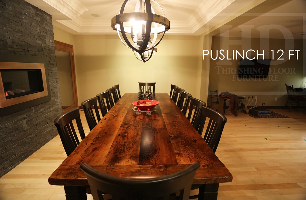 Details: 10 ft Reclaimed Wood Table - Harvest Style Base - Reclaimed Hemlock 2" thick top - Premium epoxy/matte polyurethane finish - Black stain skirting + legs - Tapered with a Notch Legs HD Threshing Floor Furniture Gerald Reinink