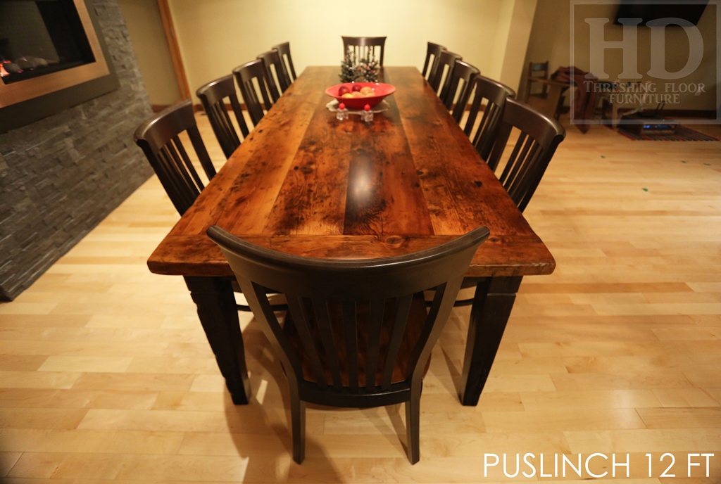 Details: 10 ft Reclaimed Wood Table - Harvest Style Base - Reclaimed Hemlock 2" thick top - Premium epoxy/matte polyurethane finish - Black stain skirting + legs - Tapered with a Notch Legs HD Threshing Floor Furniture Gerald Reinink