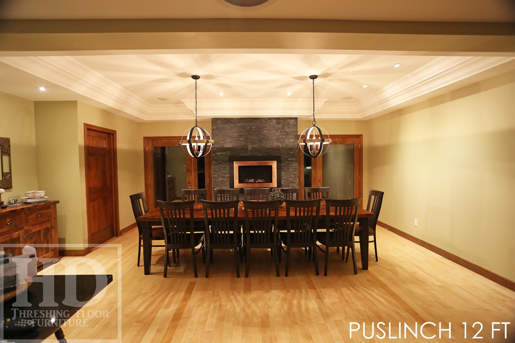Details: 10 ft Reclaimed Wood Table - Harvest Style Base - Reclaimed Hemlock 2" thick top - Premium epoxy/matte polyurethane finish - Black stain skirting + legs - Tapered with a Notch Legs HD Threshing Floor Furniture Gerald Reinink