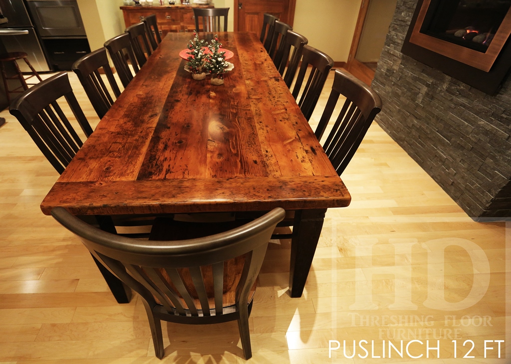 Details: 10 ft Reclaimed Wood Table - Harvest Style Base - Reclaimed Hemlock 2" thick top - Premium epoxy/matte polyurethane finish - Black stain skirting + legs - Tapered with a Notch Legs HD Threshing Floor Furniture Gerald Reinink