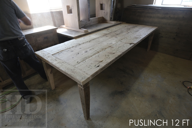 Details: 10 ft Reclaimed Wood Table - Harvest Style Base - Reclaimed Hemlock 2" thick top - Premium epoxy/matte polyurethane finish - Black stain skirting + legs - Tapered with a Notch Legs HD Threshing Floor Furniture Gerald Reinink