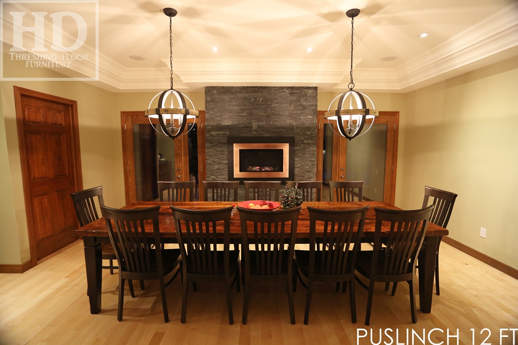 Details: 10 ft Reclaimed Wood Table - Harvest Style Base - Reclaimed Hemlock 2" thick top - Premium epoxy/matte polyurethane finish - Black stain skirting + legs - Tapered with a Notch Legs HD Threshing Floor Furniture Gerald Reinink
