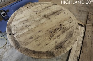 Details of Kitchen Table: 60" Round Pedestal Table - Reclaimed Cedar Hydro Pole Base - 2" Barn Floor Board Reclaimed Hemlock Top - Premium epoxy/matte polyurethane finish - Solid Black Wormy Maple Athena style chairs Gerald Reinink