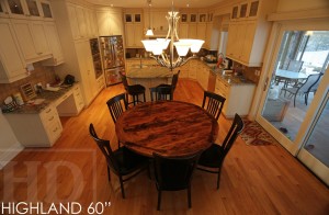 Details of Kitchen Table: 60" Round Pedestal Table - Reclaimed Cedar Hydro Pole Base - 2" Barn Floor Board Reclaimed Hemlock Top - Premium epoxy/matte polyurethane finish - Solid Black Wormy Maple Athena style chairs Gerald Reinink