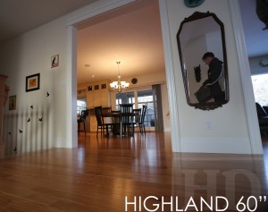 Details of Kitchen Table: 60" Round Pedestal Table - Reclaimed Cedar Hydro Pole Base - 2" Barn Floor Board Reclaimed Hemlock Top - Premium epoxy/matte polyurethane finish - Solid Black Wormy Maple Athena style chairs Gerald Reinink