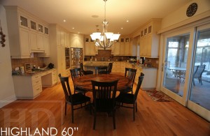Details of Kitchen Table: 60" Round Pedestal Table - Reclaimed Cedar Hydro Pole Base - 2" Barn Floor Board Reclaimed Hemlock Top - Premium epoxy/matte polyurethane finish - Solid Black Wormy Maple Athena style chairs Gerald Reinink
