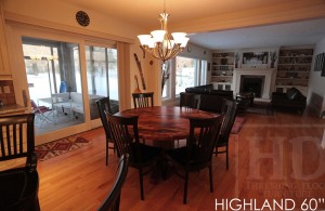 Details of Kitchen Table: 60" Round Pedestal Table - Reclaimed Cedar Hydro Pole Base - 2" Barn Floor Board Reclaimed Hemlock Top - Premium epoxy/matte polyurethane finish - Solid Black Wormy Maple Athena style chairs Gerald Reinink