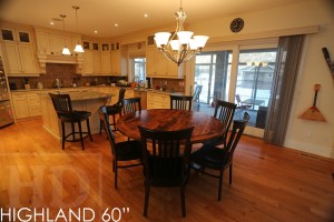 Details of Kitchen Table: 60" Round Pedestal Table - Reclaimed Cedar Hydro Pole Base - 2" Barn Floor Board Reclaimed Hemlock Top - Premium epoxy/matte polyurethane finish - Solid Black Wormy Maple Athena style chairs Gerald Reinink