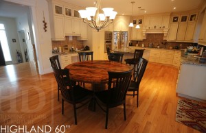 Details of Kitchen Table: 60" Round Pedestal Table - Reclaimed Cedar Hydro Pole Base - 2" Barn Floor Board Reclaimed Hemlock Top - Premium epoxy/matte polyurethane finish - Solid Black Wormy Maple Athena style chairs Gerald Reinink