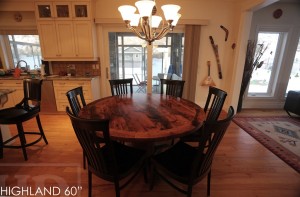 Details of Kitchen Table: 60" Round Pedestal Table - Reclaimed Cedar Hydro Pole Base - 2" Barn Floor Board Reclaimed Hemlock Top - Premium epoxy/matte polyurethane finish - Solid Black Wormy Maple Athena style chairs Gerald Reinink