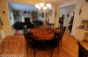 Details of Kitchen Table: 60" Round Pedestal Table - Reclaimed Cedar Hydro Pole Base - 2" Barn Floor Board Reclaimed Hemlock Top - Premium epoxy/matte polyurethane finish - Solid Black Wormy Maple Athena style chairs Gerald Reinink