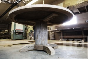 Details of Kitchen Table: 60" Round Pedestal Table - Reclaimed Cedar Hydro Pole Base - 2" Barn Floor Board Reclaimed Hemlock Top - Premium epoxy/matte polyurethane finish - Solid Black Wormy Maple Athena style chairs Gerald Reinink