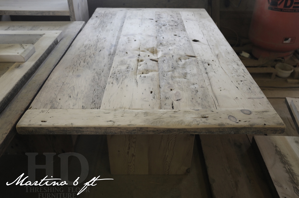 6 ft Reclaimed Wood Table - 42" wide - 3" modern plank posts base - Reclaimed Threshing Floor Hemlock 2" top - Premium epoxy/matte polyurethane finish Gerald Reinink