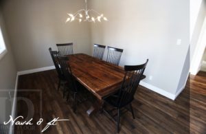 reclaimed wood pedestal tables Ontario, Kitchener, Ontario, Hand-Hewn Beams, Gerald Reinink, HD Threshing Floor Furniture, epoxy, Shaker style chairs, barnwood, farmhouse, dining