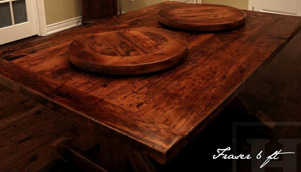 sawbuck table, reclaimed wood tables Oakville, Ontario, reclaimed hemlock, epoxy, polyurethane, lazy susans, Gerald Reinink, farmhouse tables, country style tables