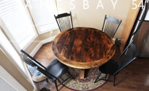 reclaimed wood round table, hemlock, epoxy, Gerald Reinink, HD Threshing Floor Furniture, hand-hewn beams