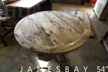 reclaimed wood round table, hemlock, epoxy, Gerald Reinink, HD Threshing Floor Furniture, hand-hewn beams