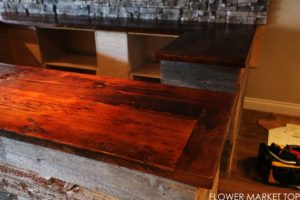 reclaimed wood counter top, store displays, barnwood tops