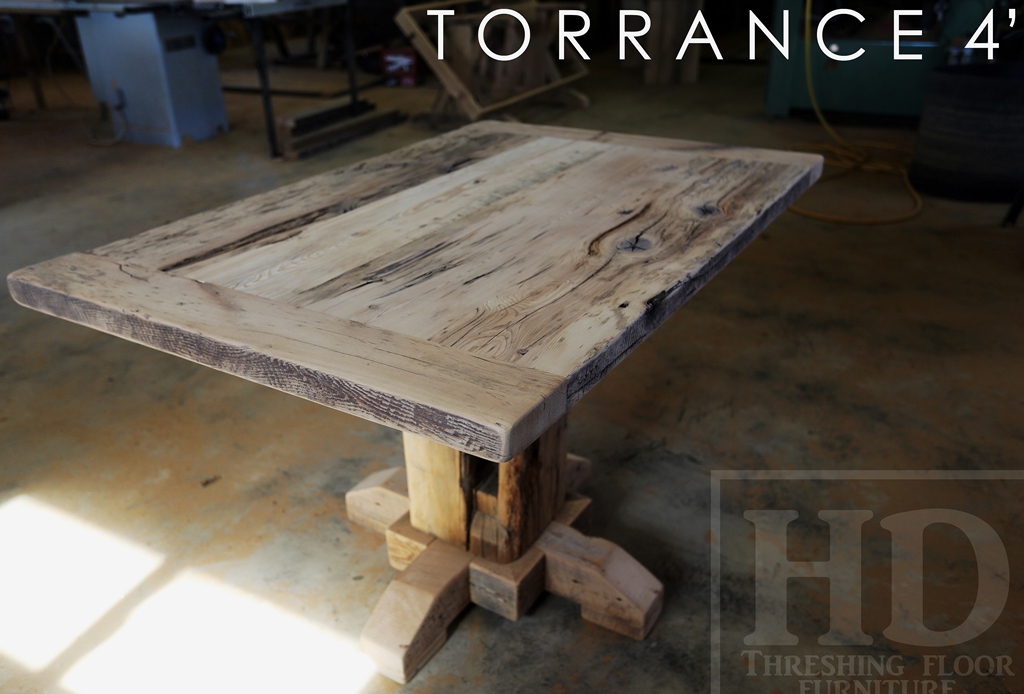 reclaimed wood pedestal table, epoxy, hemlock, live edge, hand-hewn beams, barn board, handhewn, Gerald