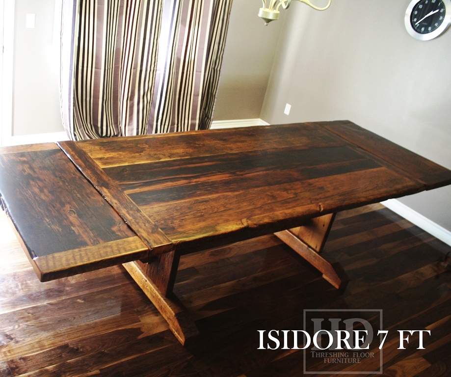 reclaimed wood trestle table, reclaimed wood tables Ontario, reclaimed Wood Tables Ontario, epoxy, extendable, solid wood, mennonite, epoxy