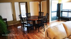 cottage tables Ontario, cottage life, reclaimed wood round table, solid wood round tables Ontario, Mennonite furniture, Muskoka, epoxy