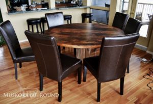 cottage tables Ontario, cottage life, reclaimed wood round table, solid wood round tables Ontario, Mennonite furniture, Muskoka, epoxy