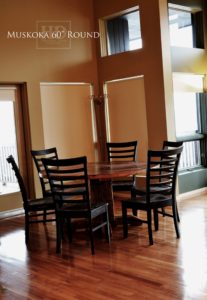 cottage tables Ontario, cottage life, reclaimed wood round table, solid wood round tables Ontario, Mennonite furniture, Muskoka, epoxy