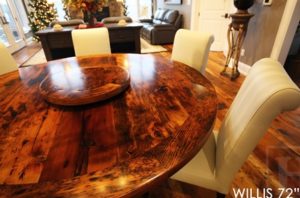 reclaimed wood tables Ontario, barnwood tables Ontario, round table, round pedestal table, hemlock