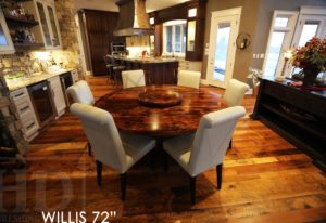 reclaimed wood tables Ontario, barnwood tables Ontario, round table, round pedestal table, hemlock