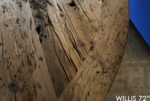 reclaimed wood tables Ontario, barnwood tables Ontario, round table, round pedestal table, hemlock