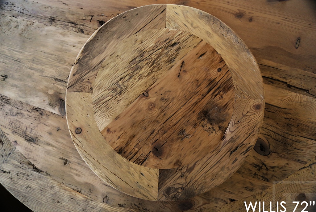 reclaimed wood tables Ontario, barnwood tables Ontario, round table, round pedestal table, hemlock