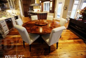 reclaimed wood tables Ontario, barnwood tables Ontario, round table, round pedestal table, hemlock