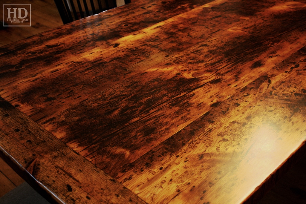 reclaimed wood tables Ontario, Hamilton, Pine harvest table, trestle style, modern farmhouse, rustic cottage furniture, cottage, epoxy, resin, recycled, Gerald Reinink, HD Threshing Floor Furniture, live edge