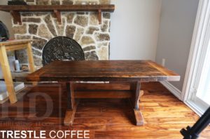 reclaimed wood coffee table, epoxy, resign, reclaimed hemlock barnwood, coffee tables Ontario, live edge, trestle base, custom coffee tables, reclaimed wood tables Toronto