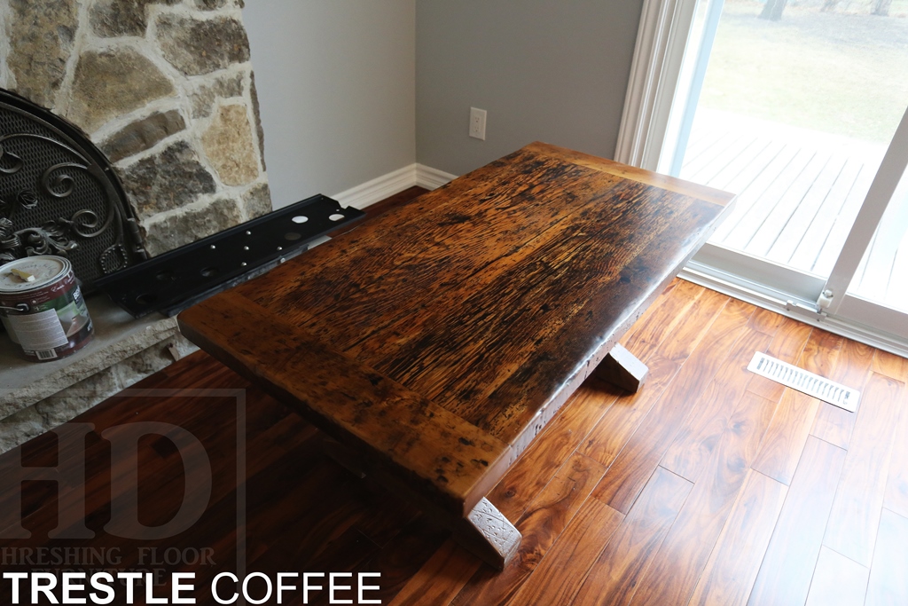 reclaimed wood coffee table, epoxy, resign, reclaimed hemlock barnwood, coffee tables Ontario, live edge, trestle base, custom coffee tables, reclaimed wood tables Toronto