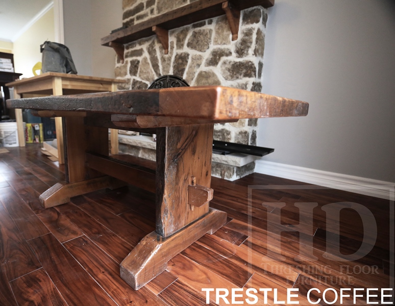 reclaimed wood coffee table, epoxy, resign, reclaimed hemlock barnwood, coffee tables Ontario, live edge, trestle base, custom coffee tables, reclaimed wood tables Toronto