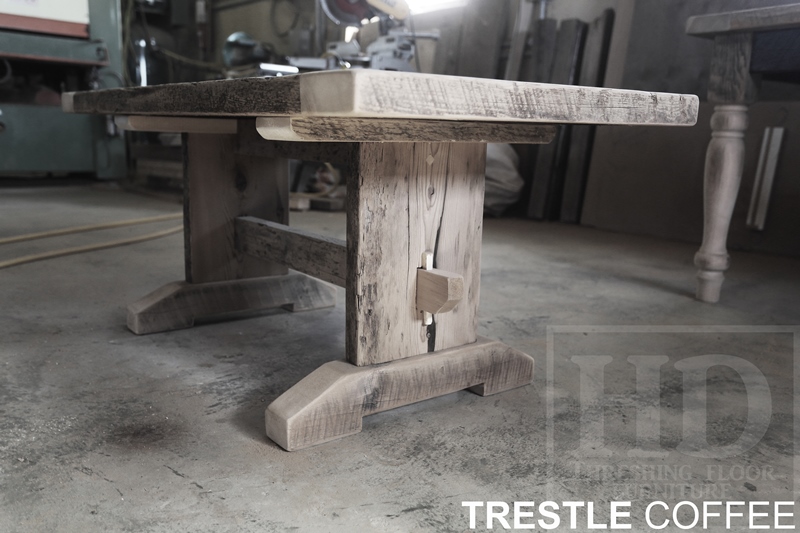 reclaimed wood coffee table, epoxy, resign, reclaimed hemlock barnwood, coffee tables Ontario, live edge, trestle base, custom coffee tables, reclaimed wood tables Toronto