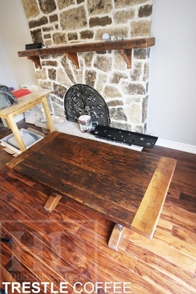 reclaimed wood coffee table, epoxy, resign, reclaimed hemlock barnwood, coffee tables Ontario, live edge, trestle base, custom coffee tables, reclaimed wood tables Toronto