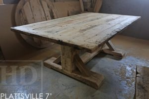 farmhouse harvest table, sawbuck, reclaimed hemlock, solid wood chairs, epoxy, hand-hewn beam, pioneer barn, Ontario, reclaimed wood table, distressed wood table, epoxy, resin, Gerald Reinink, HD Threshing Floor Furniture, cottage table, rustic wood table