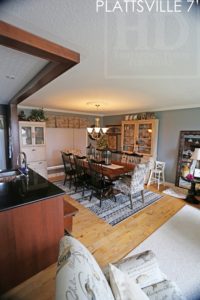 farmhouse harvest table, sawbuck, reclaimed hemlock, solid wood chairs, epoxy, hand-hewn beam, pioneer barn, Ontario, reclaimed wood table, distressed wood table, epoxy, resin, Gerald Reinink, HD Threshing Floor Furniture, cottage table, rustic wood table