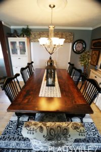 farmhouse harvest table, sawbuck, reclaimed hemlock, solid wood chairs, epoxy, hand-hewn beam, pioneer barn, Ontario, reclaimed wood table, distressed wood table, epoxy, resin, Gerald Reinink, HD Threshing Floor Furniture, cottage table, rustic wood table