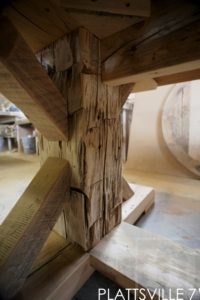 farmhouse harvest table, sawbuck, reclaimed hemlock, solid wood chairs, epoxy, hand-hewn beam, pioneer barn, Ontario, reclaimed wood table, distressed wood table, epoxy, resin, Gerald Reinink, HD Threshing Floor Furniture, cottage table, rustic wood table