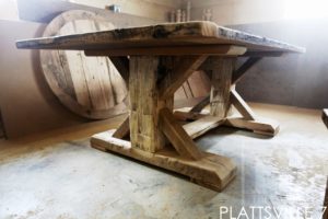 farmhouse harvest table, sawbuck, reclaimed hemlock, solid wood chairs, epoxy, hand-hewn beam, pioneer barn, Ontario, reclaimed wood table, distressed wood table, epoxy, resin, Gerald Reinink, HD Threshing Floor Furniture, cottage table, rustic wood table