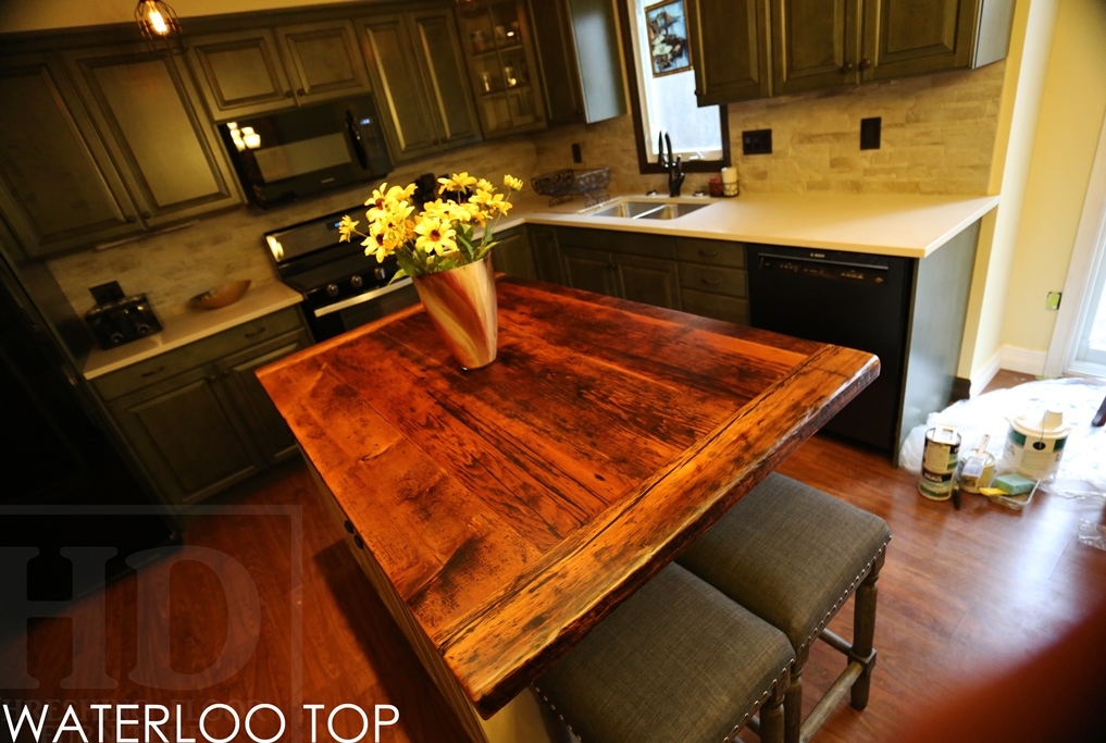 custom reclaimed wood island top, island top, barnwood island, reclaimed wood top, epoxy, hemlock, barnwood, live edge, HD Threshing Floor Furniture, HD Threshing, cottage island top, cottage